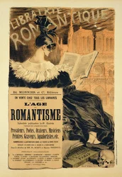 Reproductie van een affiche ter aankondiging van een boek getiteld „Het romantische tijdperk”, 1887